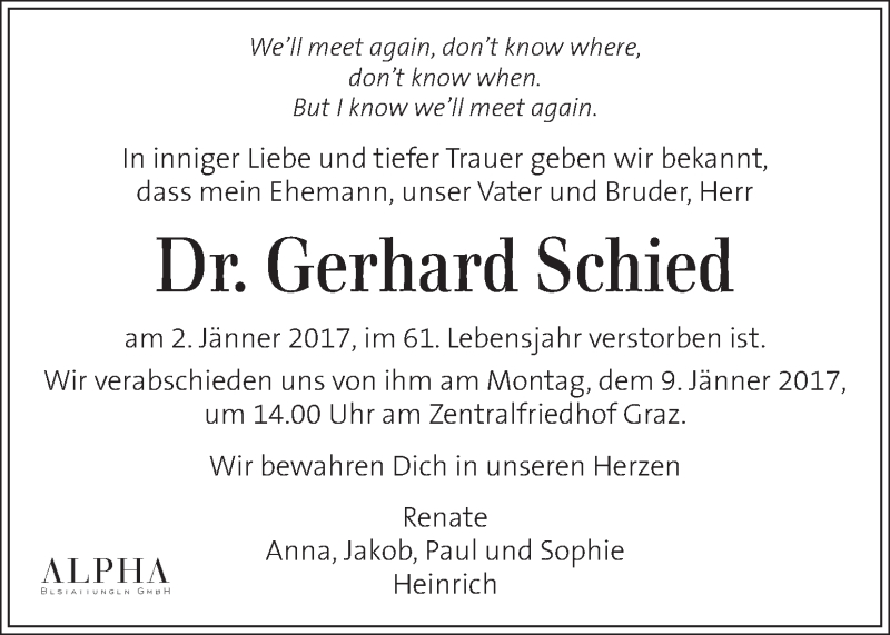  Traueranzeige für Gerhard Schied vom 06.01.2017 aus Kleine Zeitung
