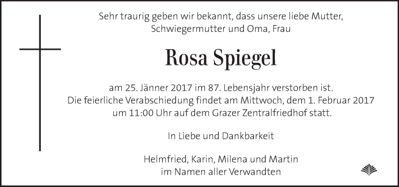  Traueranzeige für Rosa Spiegel vom 29.01.2017 aus Kleine Zeitung
