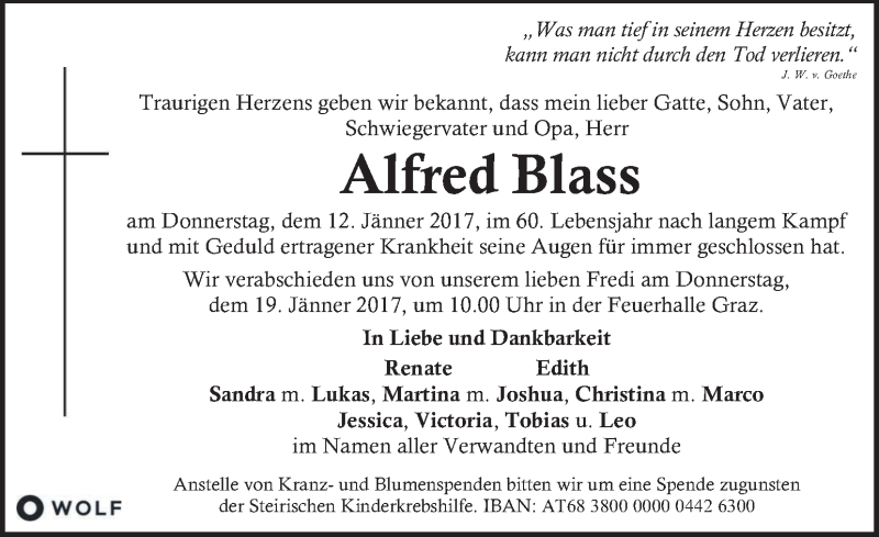  Traueranzeige für Alfred Blass vom 15.01.2017 aus Kleine Zeitung
