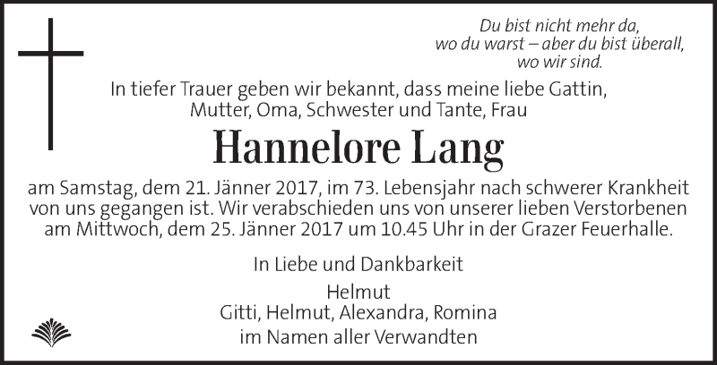 Traueranzeige für Hannelore Lang vom 24.01.2017 aus Kleine Zeitung