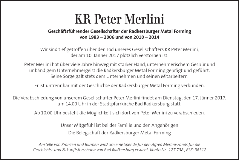  Traueranzeige für Peter Merlini vom 14.01.2017 aus Kleine Zeitung