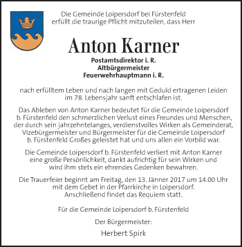 Traueranzeige von Anton Karner von Kleine Zeitung