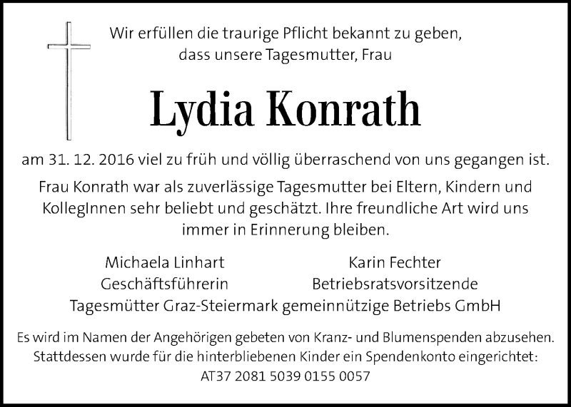  Traueranzeige für Lydia Konrath vom 08.01.2017 aus Kleine Zeitung