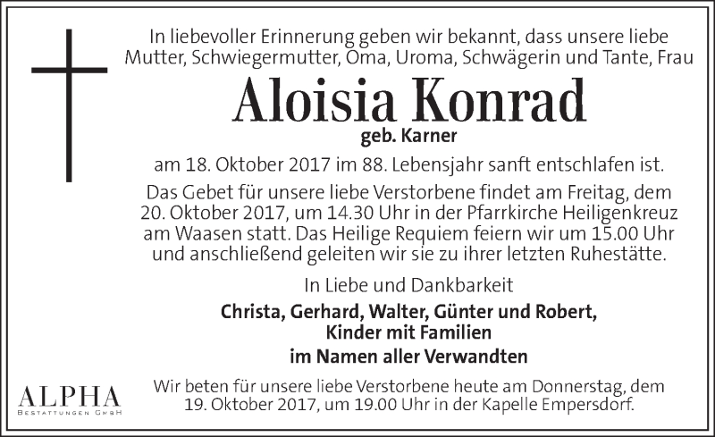  Traueranzeige für Aloisia Konrad vom 19.10.2017 aus Kleine Zeitung