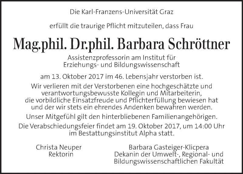  Traueranzeige für Barbara Schröttner vom 19.10.2017 aus Kleine Zeitung