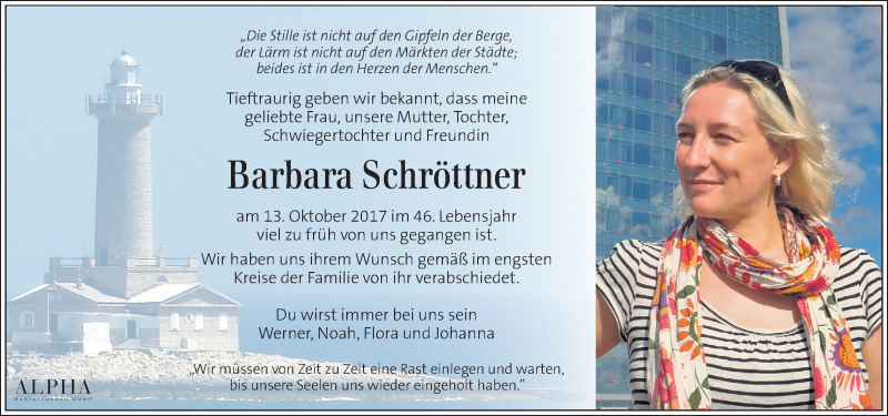  Traueranzeige für Barbara Schröttner vom 21.10.2017 aus Kleine Zeitung
