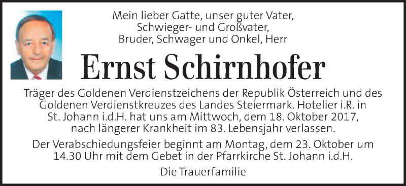  Traueranzeige für Ernst Schirnhofer vom 21.10.2017 aus Kleine Zeitung