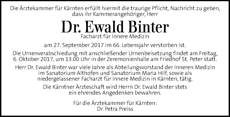  Traueranzeige für Ewald Binter vom 05.10.2017 aus Kleine Zeitung