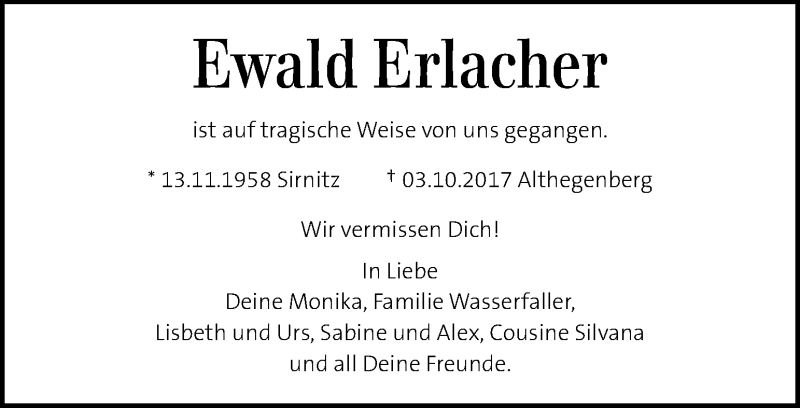  Traueranzeige für Ewald Erlacher vom 25.10.2017 aus Kleine Zeitung
