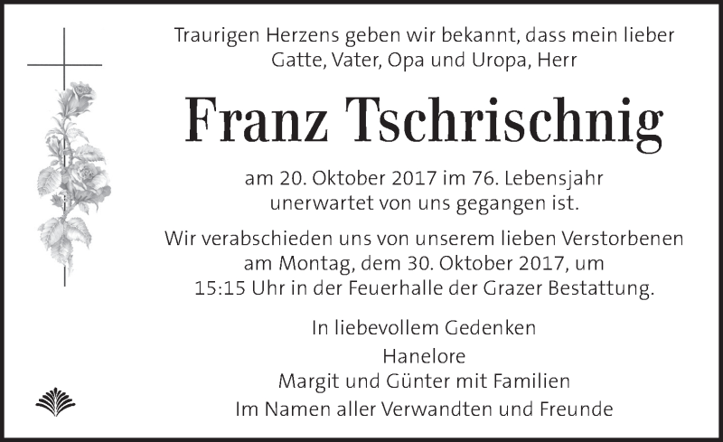  Traueranzeige für Franz Tschrischnig vom 26.10.2017 aus Kleine Zeitung