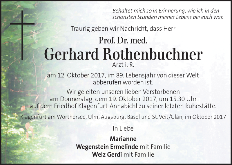  Traueranzeige für Gerhard Rothenbuchner vom 19.10.2017 aus Kleine Zeitung