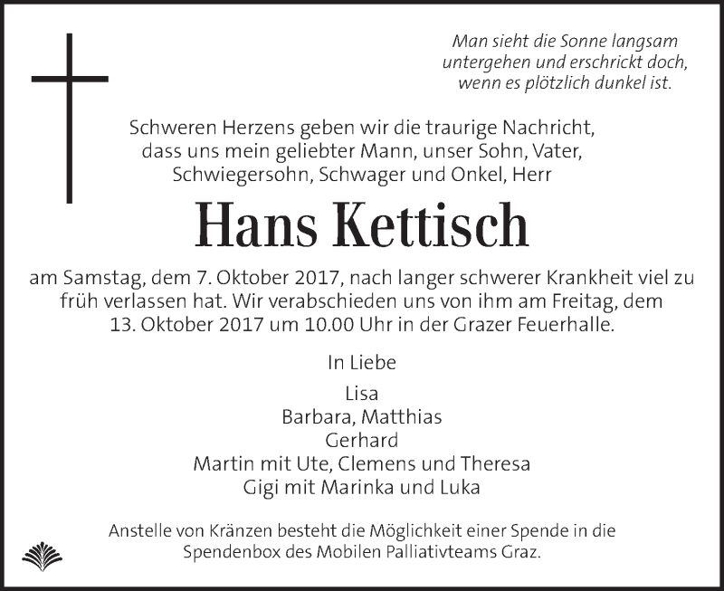  Traueranzeige für Hans Kettisch vom 11.10.2017 aus Kleine Zeitung
