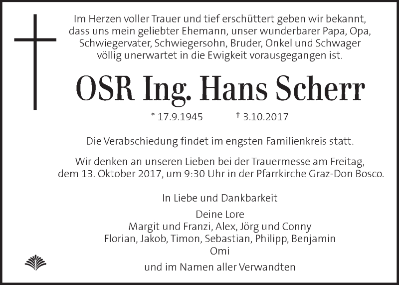  Traueranzeige für Hans Scherr vom 10.10.2017 aus Kleine Zeitung