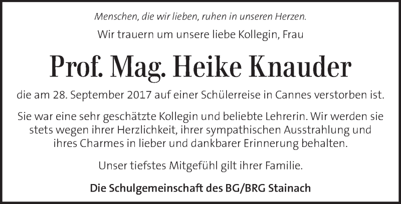  Traueranzeige für Heike Knauder vom 20.10.2017 aus Kleine Zeitung