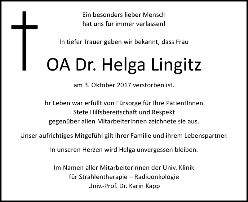  Traueranzeige für Helga Lingitz vom 12.10.2017 aus Kleine Zeitung