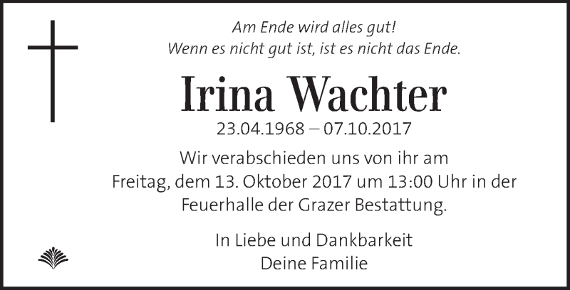  Traueranzeige für Irina Wachter vom 11.10.2017 aus Kleine Zeitung