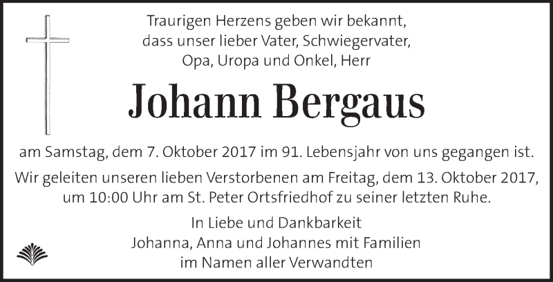  Traueranzeige für Johann Bergaus vom 11.10.2017 aus Kleine Zeitung