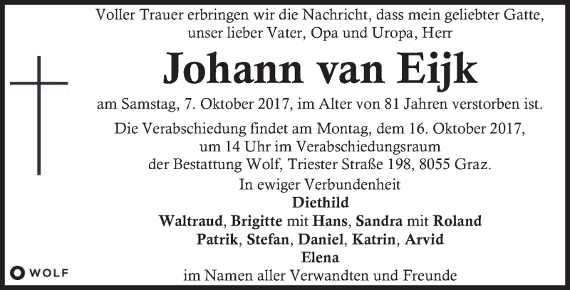  Traueranzeige für Johann van Eijk vom 11.10.2017 aus Kleine Zeitung