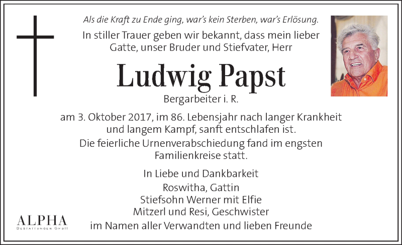  Traueranzeige für Ludwig Papst vom 19.10.2017 aus Kleine Zeitung