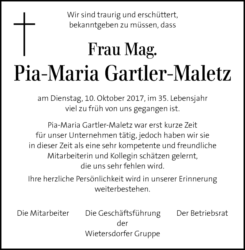  Traueranzeige für Pia-Maria Gartler-Maletz vom 15.10.2017 aus Kleine Zeitung
