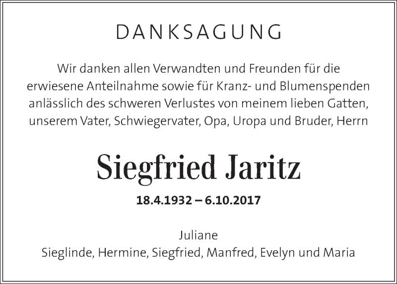  Traueranzeige für Siegfried Jaritz vom 26.10.2017 aus Kleine Zeitung