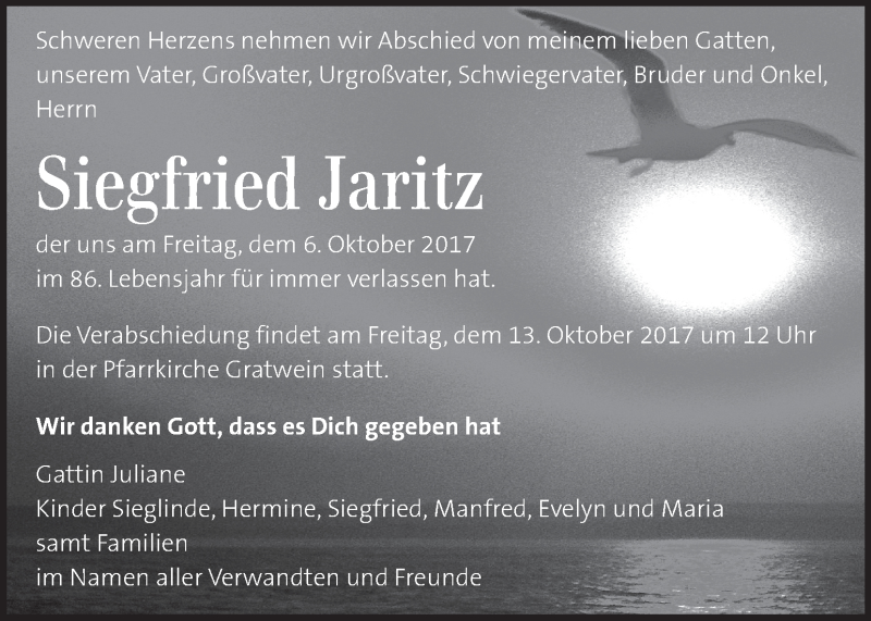  Traueranzeige für Siegfried Jaritz vom 11.10.2017 aus Kleine Zeitung