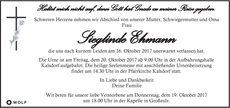  Traueranzeige für Sieglinde Ehmann vom 19.10.2017 aus Kleine Zeitung