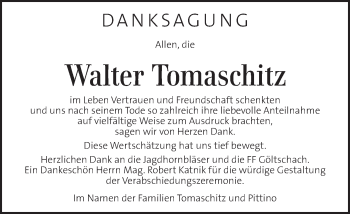 Traueranzeige von Walter Tomaschitz von Kleine Zeitung