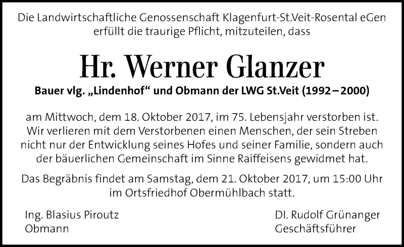  Traueranzeige für Werner Glanzer vom 21.10.2017 aus Kleine Zeitung