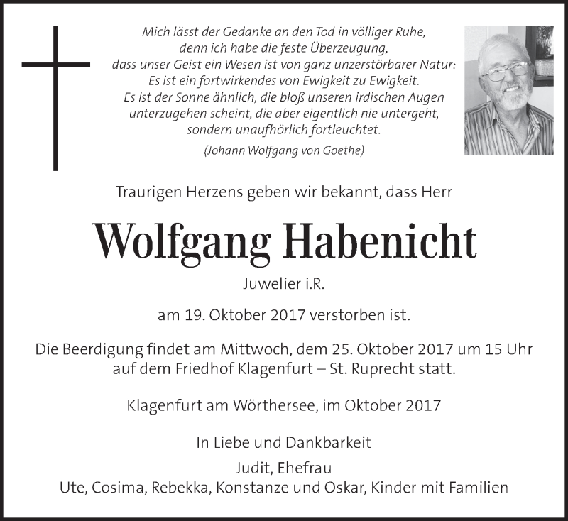  Traueranzeige für Wolfgang Habenicht vom 22.10.2017 aus Kleine Zeitung