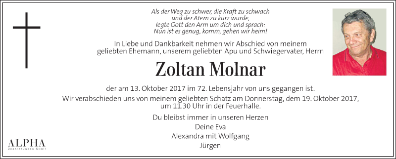  Traueranzeige für Zoltan Molnar vom 15.10.2017 aus Kleine Zeitung