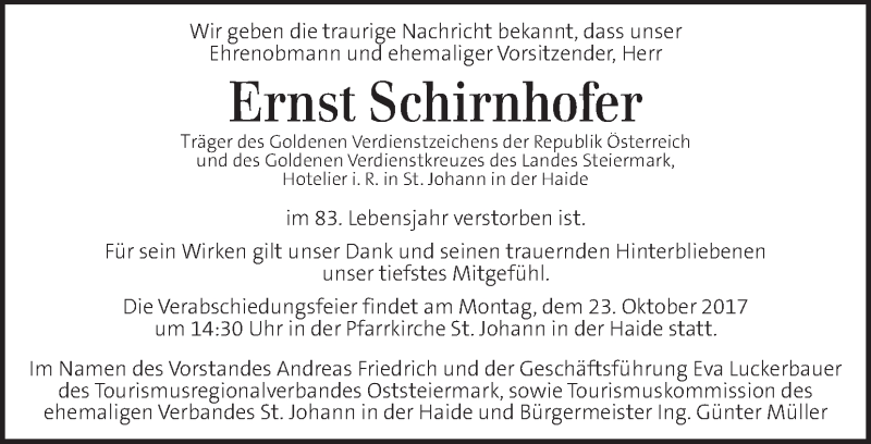  Traueranzeige für Ernst Schirnhofer vom 22.10.2017 aus Kleine Zeitung
