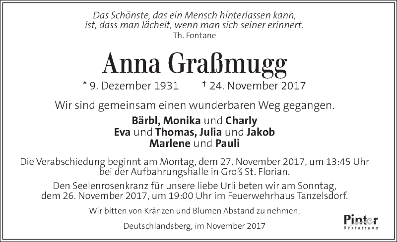  Traueranzeige für Anna Graßmugg vom 25.11.2017 aus Kleine Zeitung