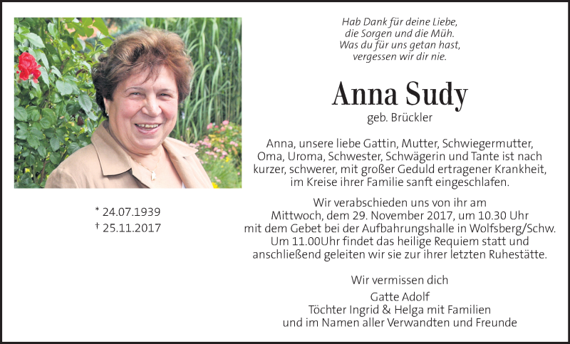  Traueranzeige für Anna Sudy vom 28.11.2017 aus Kleine Zeitung