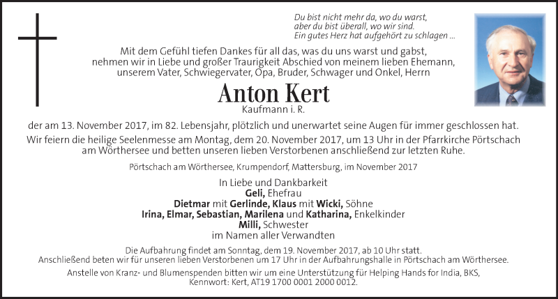  Traueranzeige für Anton Kert vom 16.11.2017 aus Kleine Zeitung