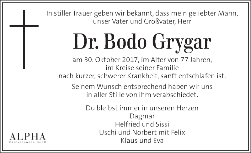  Traueranzeige für Bodo Grygar vom 04.11.2017 aus Kleine Zeitung