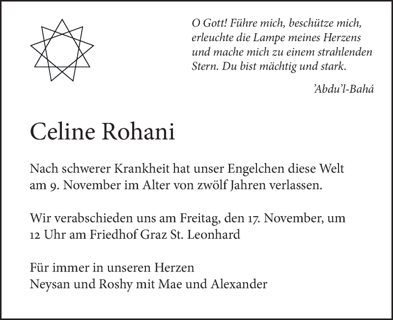  Traueranzeige für Celine Rohani  vom 12.11.2017 aus Kleine Zeitung