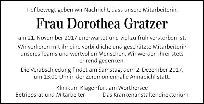  Traueranzeige für Dorothea Gratzer vom 29.11.2017 aus Kleine Zeitung