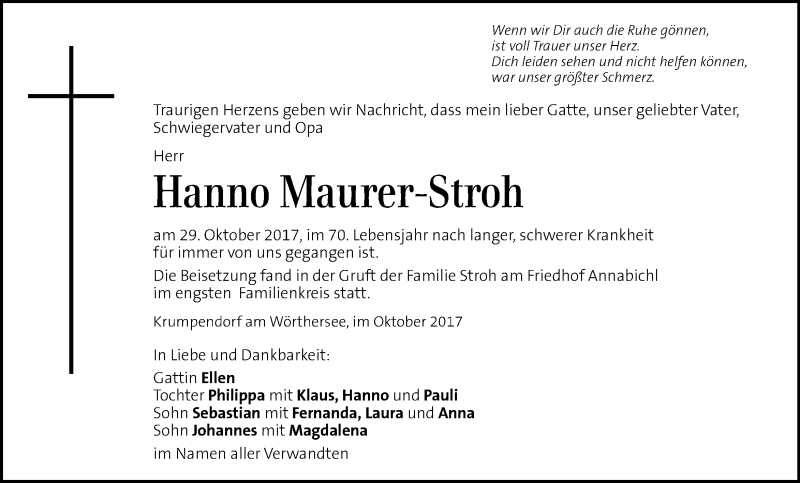  Traueranzeige für Hanno Maurer-Stroh vom 14.11.2017 aus Kleine Zeitung