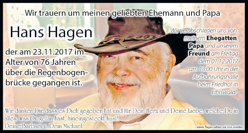  Traueranzeige für Hans Adolf Hagen vom 26.11.2017 aus Kleine Zeitung