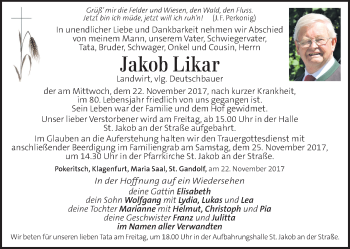 Traueranzeige von Jakob Likar von Kleine Zeitung