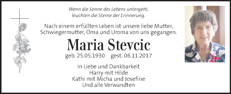  Traueranzeige für Maria Stevcic  vom 08.11.2017 aus Kleine Zeitung