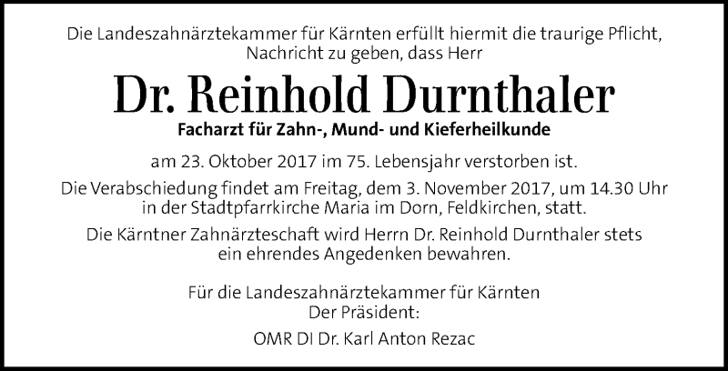  Traueranzeige für Reinhold Durnthaler vom 02.11.2017 aus Kleine Zeitung
