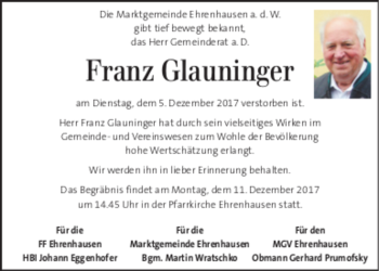 Traueranzeige von Franz Glauninger 