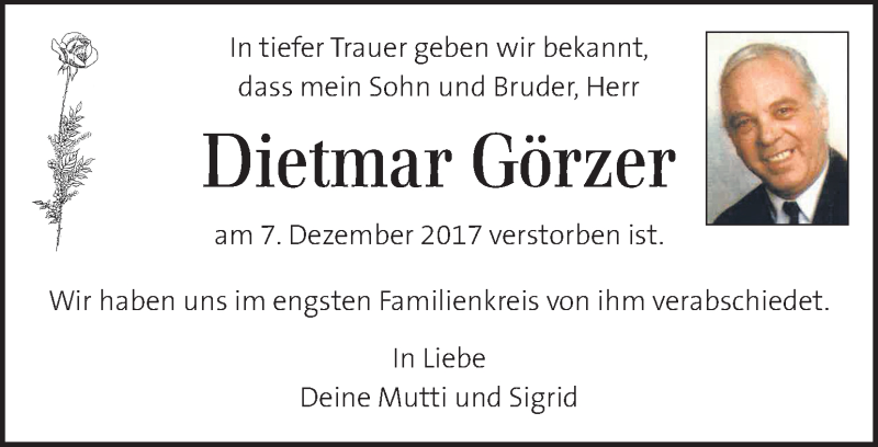  Traueranzeige für Dietmar Görzer vom 31.12.2017 aus Kleine Zeitung
