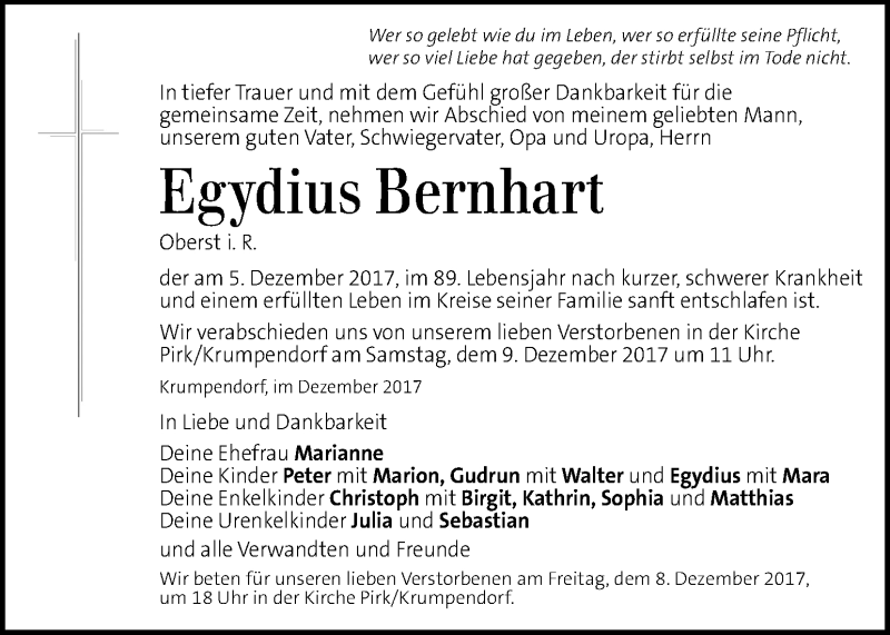  Traueranzeige für Egydius Bernhart vom 07.12.2017 aus Kleine Zeitung