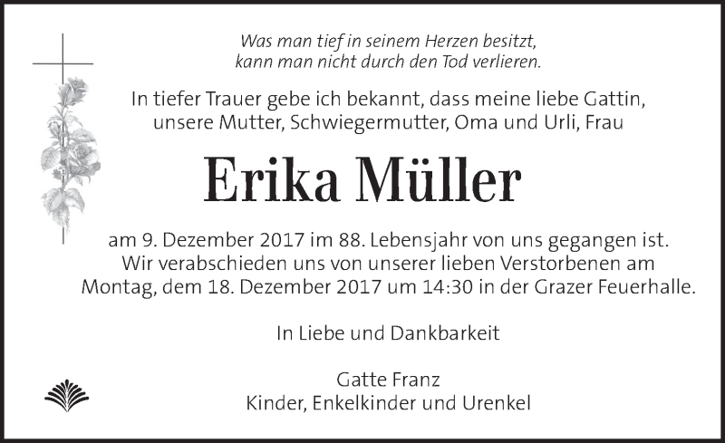  Traueranzeige für Erika Müller vom 14.12.2017 aus Kleine Zeitung