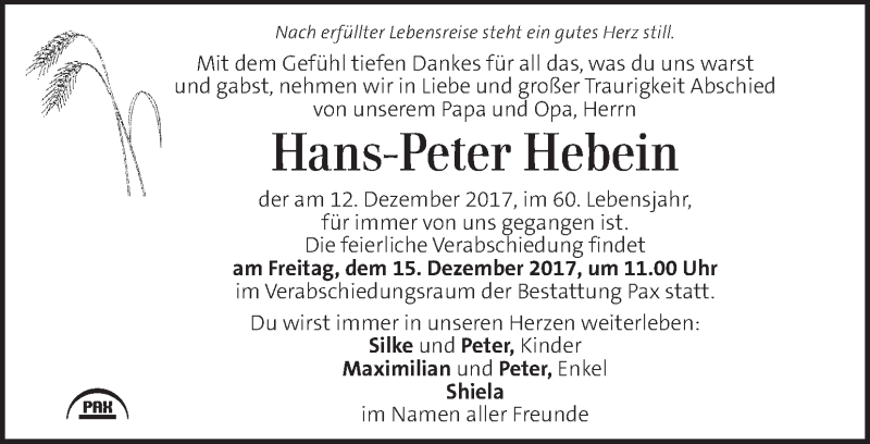  Traueranzeige für Hans-Peter Hebein vom 14.12.2017 aus Kleine Zeitung