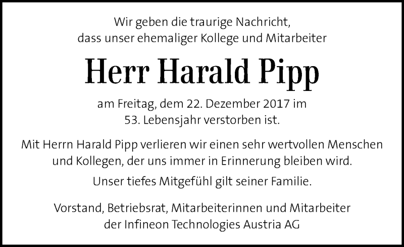  Traueranzeige für Harald Pipp vom 28.12.2017 aus Kleine Zeitung