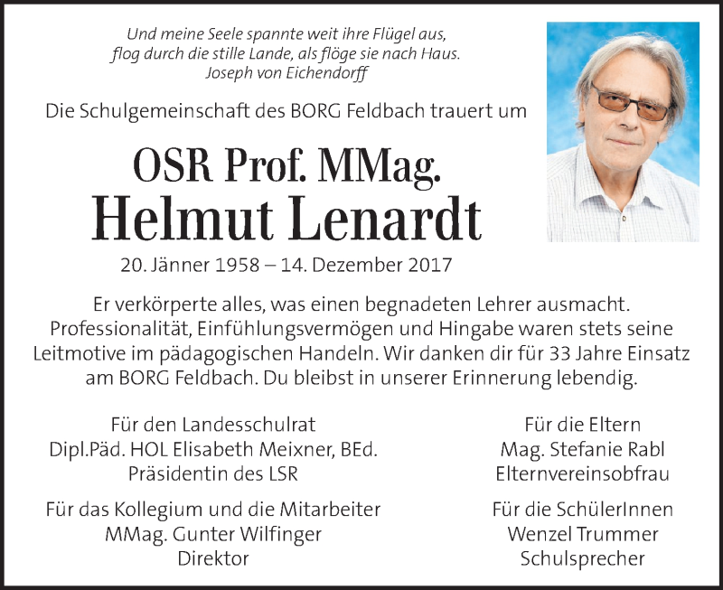  Traueranzeige für Helmut Lenardt vom 16.12.2017 aus Kleine Zeitung